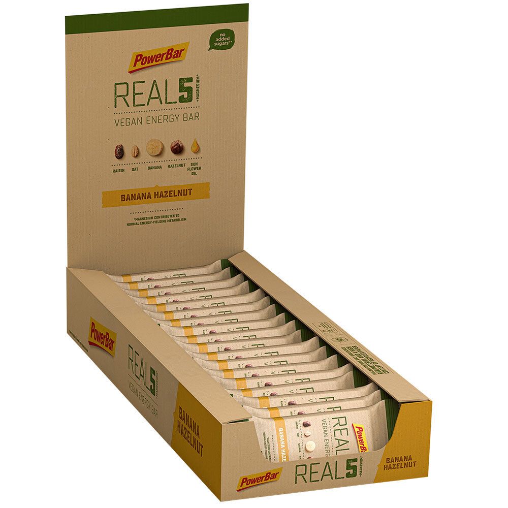 Powerbar Real 5 Energy Bar, Banane-Haselnuss. Karton mit Riegeln. Aufschrift: Vegan Energy Bar.