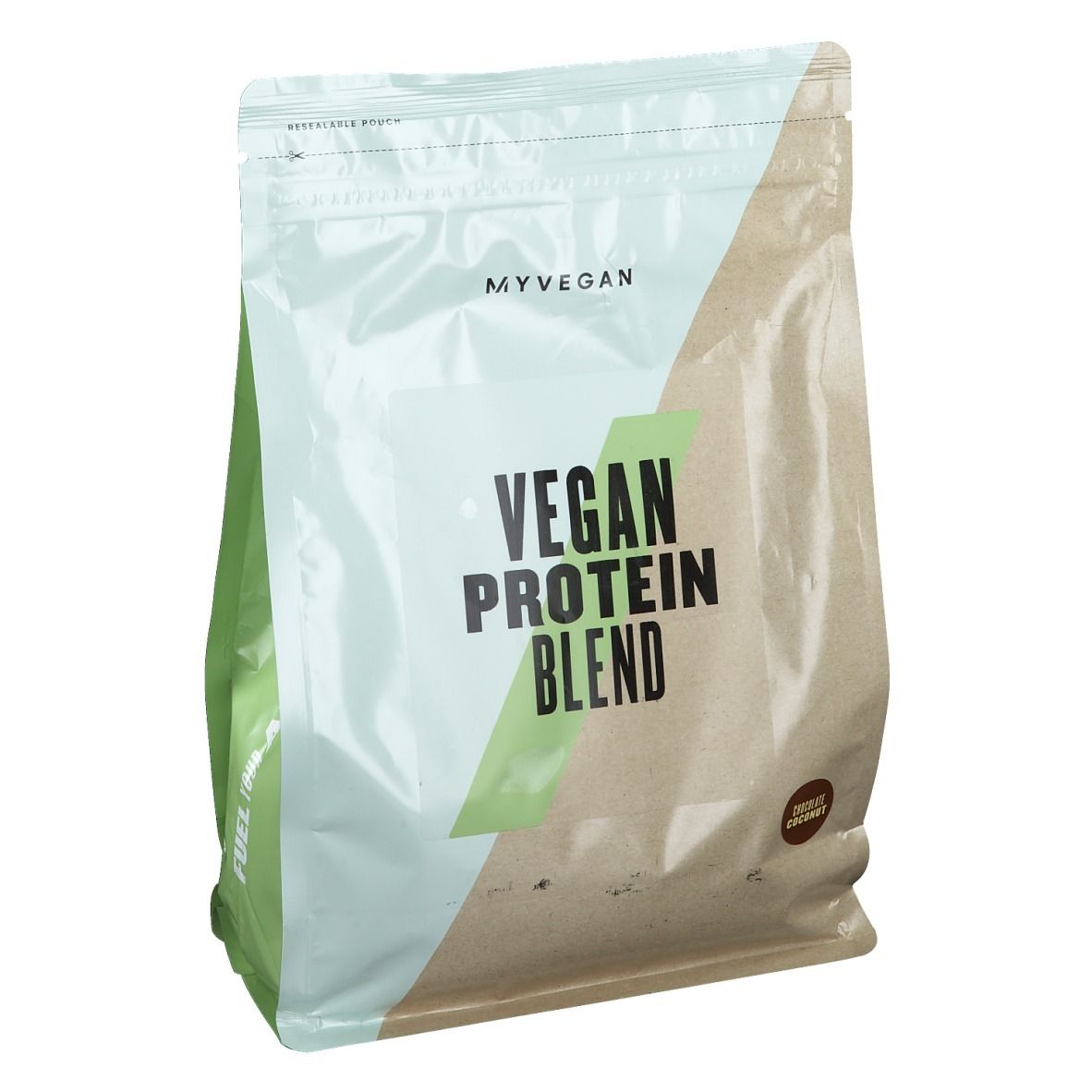 Beutel mit Aufschrift 'Vegan Protein Blend'. Marke: Myvegan. Grün, Beige und Weiß. Reißverschluss oben.