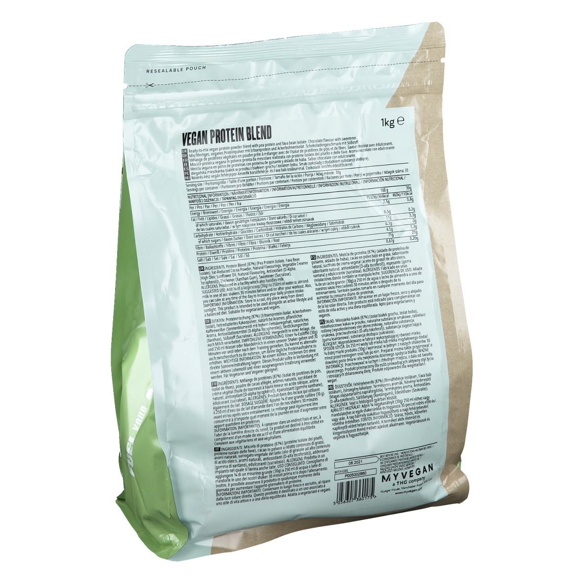 Rückseite des Beutels 'Vegan Protein Blend'. Text mit Nährwertangaben und Inhaltsstoffen. Marke Myvegan.