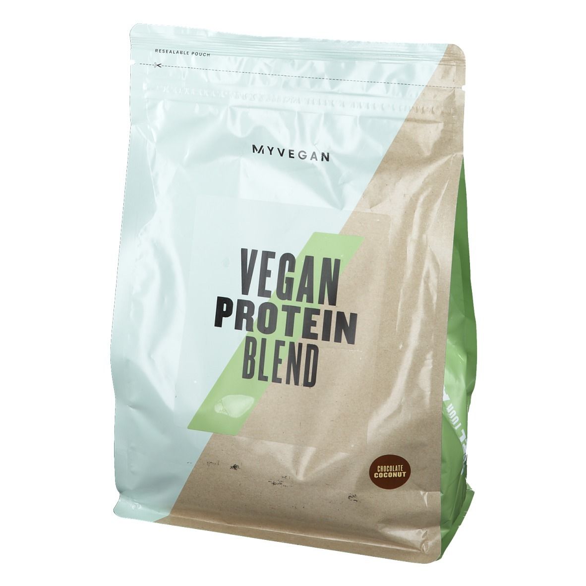 Beutel 'Vegan Protein Blend'. Marke Myvegan. Grün, Beige und Weiß. Aufschrift 'Chocolate Coconut'.