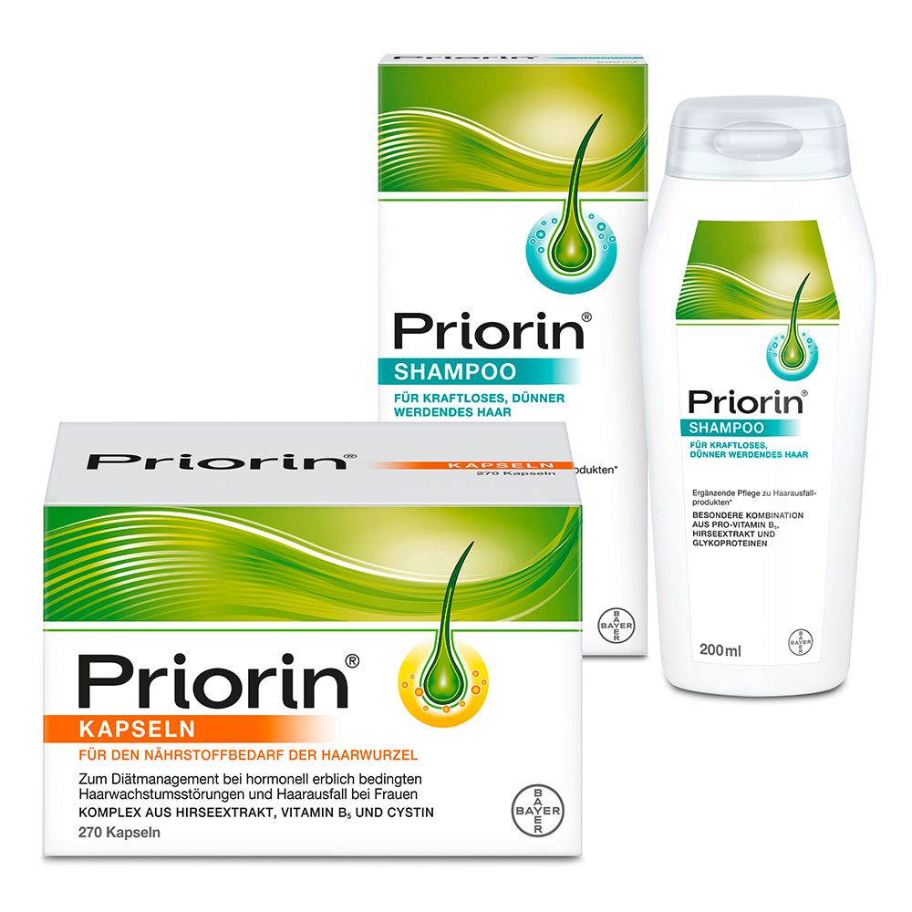 Drei Produkte: Priorin Kapseln, Shampoo. Kapseln in Schachtel, Shampoo in Flasche. Beide mit Logo. Bayer-Logo.