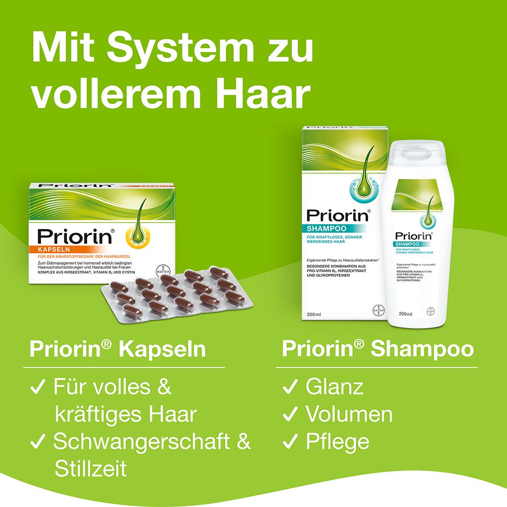 Priorin Kapseln und Shampoo. Kapseln in Blister, Shampoo und Kapseln mit Logos. Text: Für volles & kräftiges Haar.