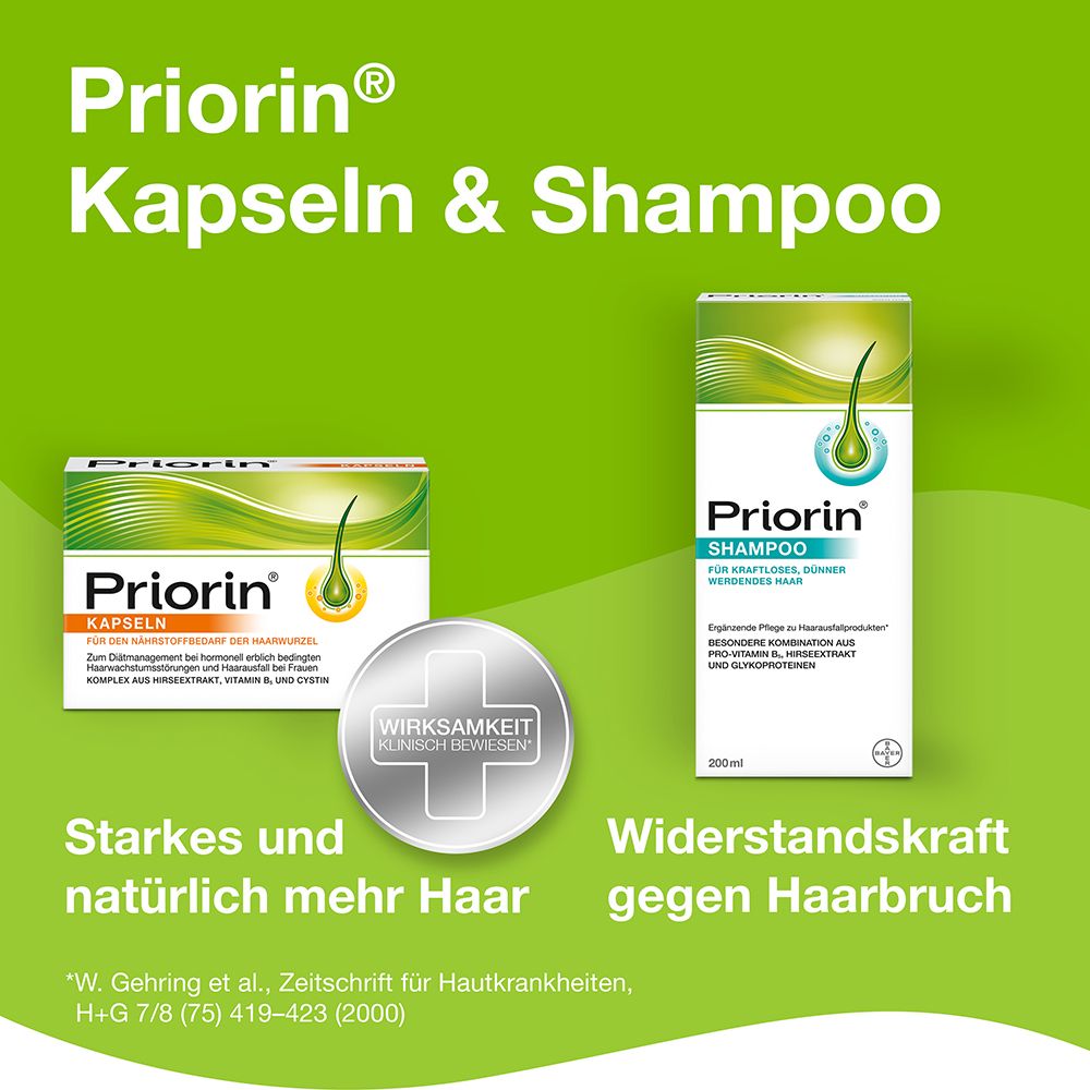 Priorin Kapseln & Shampoo. Kapseln und Shampoo mit Logos. Text: Starkes und natürlich mehr Haar. Wirk-Symbol.