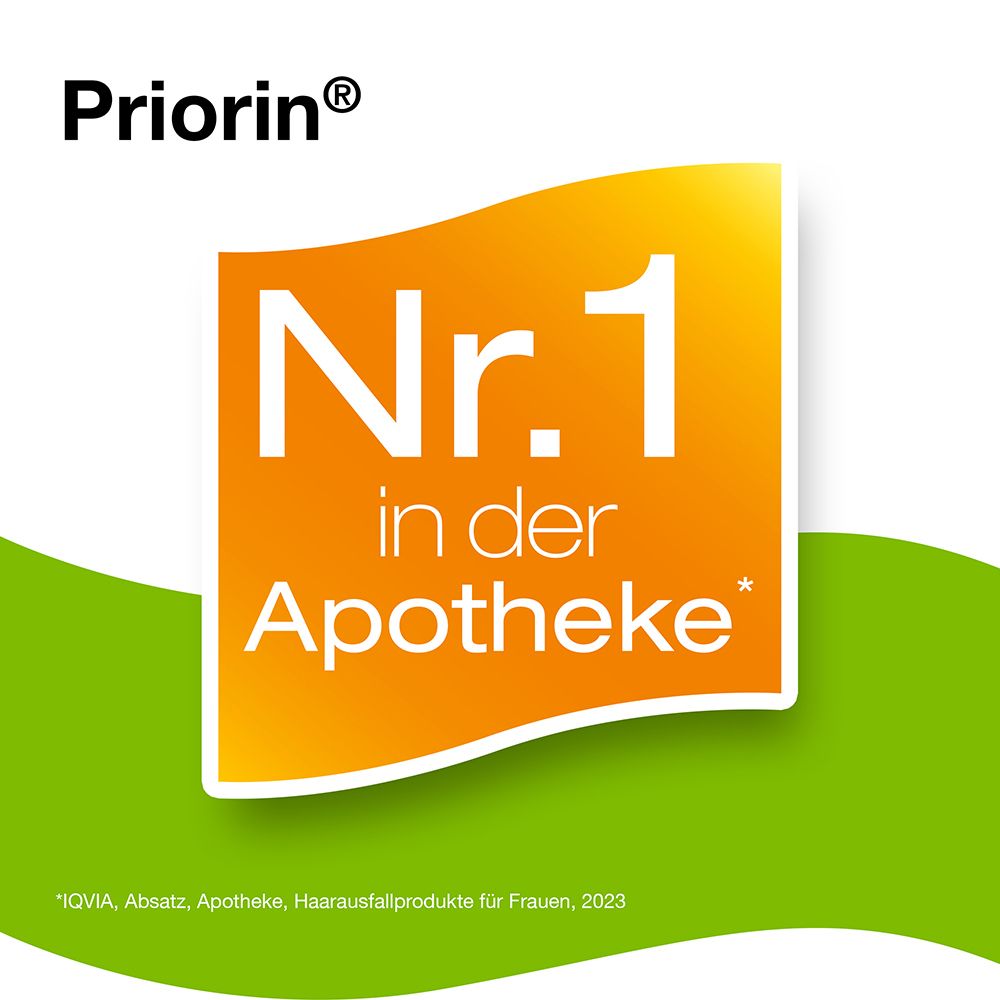 Gelbes Schild: Nr. 1 in der Apotheke. Priorin-Logo. Text: IQVIA, Absatz, Apotheke, Haarfallprodukte für Frauen, 2023.