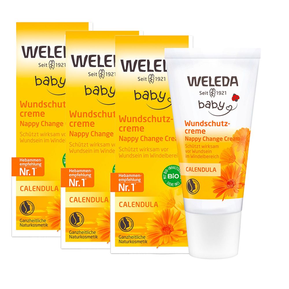 Weleda Baby Wundschutzcreme, Tube und Kartons. Aufschrift: Calendula, Nappy Change Creme. Bio-Zertifizierung.