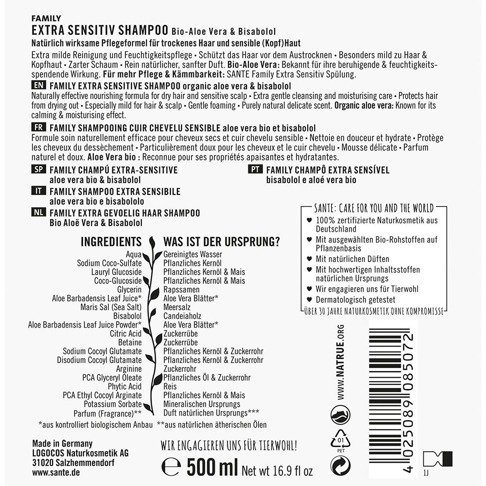 SANTE Naturkosmetik Extra Senstitiv Shampoo  Bio Aloe-Vera & Bisabolol