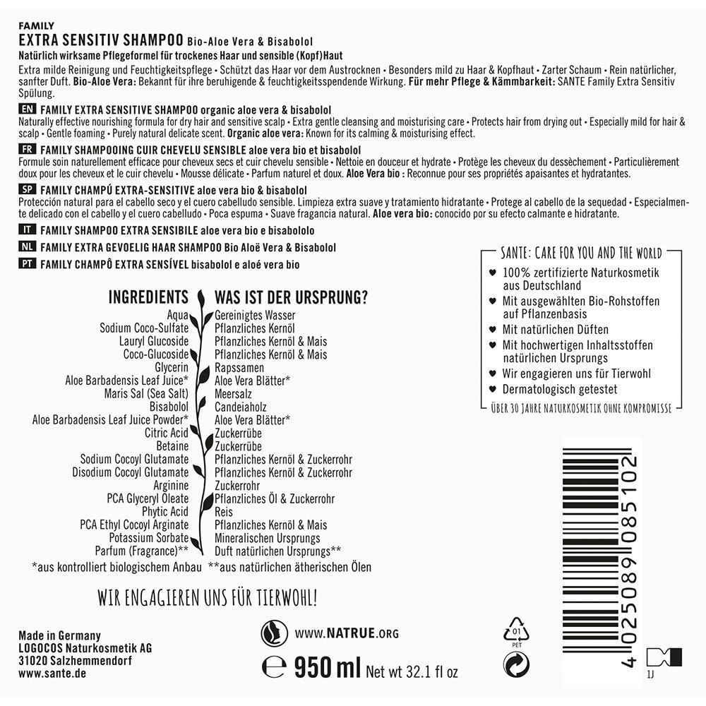 SANTE Naturkosmetik Extra Senstitiv Shampoo Bio Aloe-Vera & Bisabolol