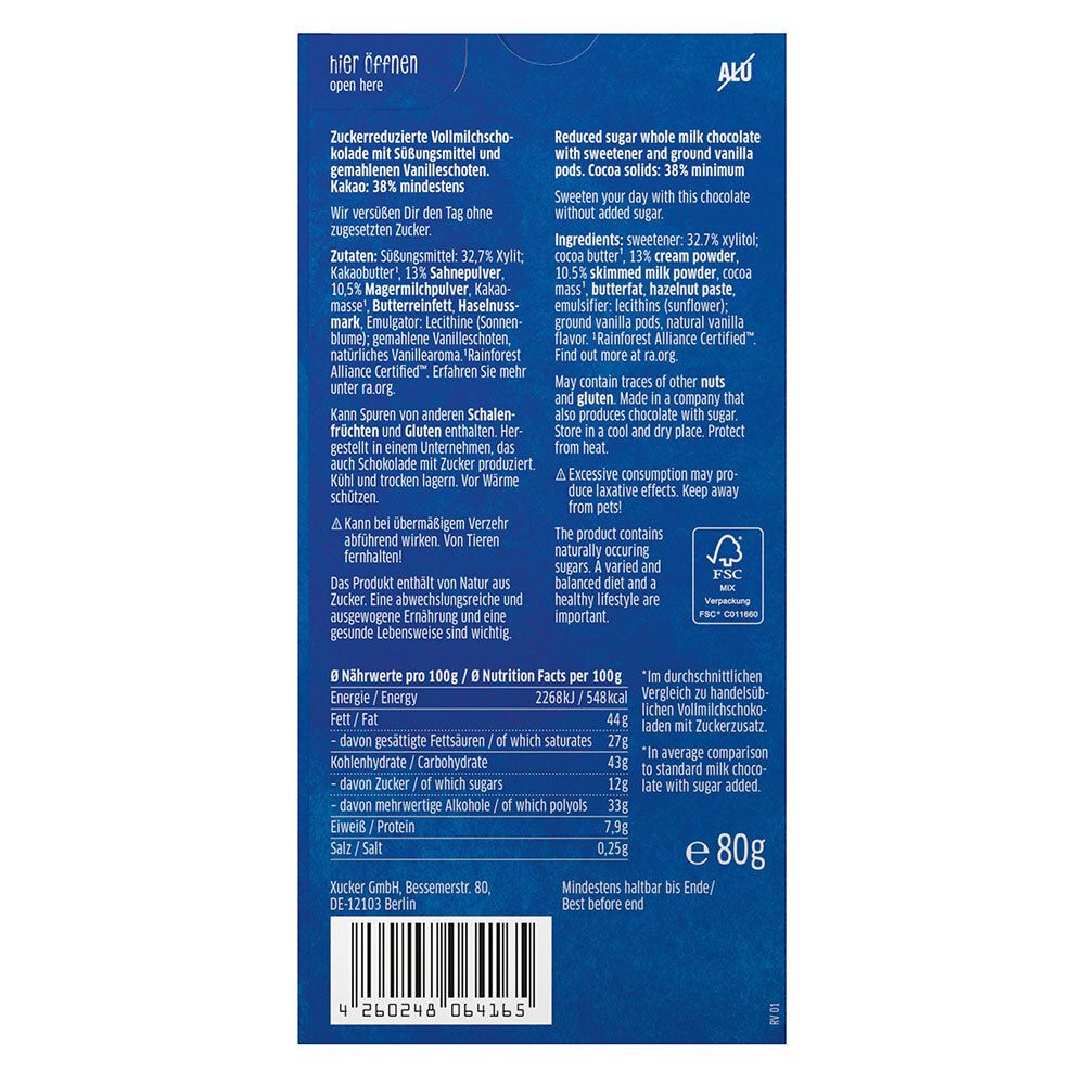 Rückseite der Xylit-Schokoladenverpackung. Text: Nährwerte, Zutaten, FSC-Siegel. Gewicht: 80g.
