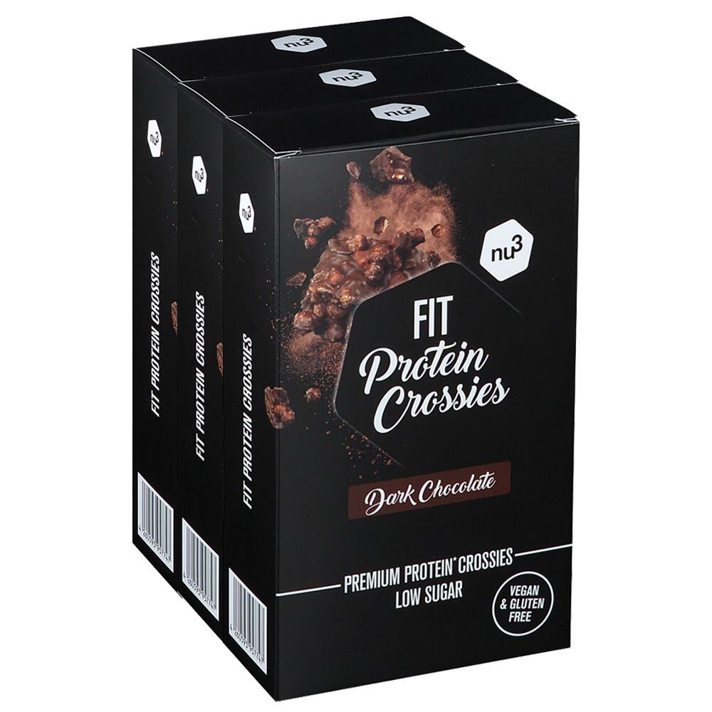 Schwarze Verpackung mit "nu3" Logo und "FIT Protein Crossies" Schriftzug. "Dark Chocolate" und "Vegan & Gluten Free" sind ebenfalls sichtbar.