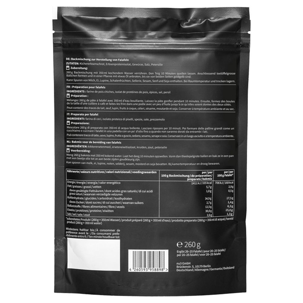 Schwarze Verpackung mit Text und Nährwertangaben. Aufschrift: Zubereitung von Falafel. Gewicht: 260g.