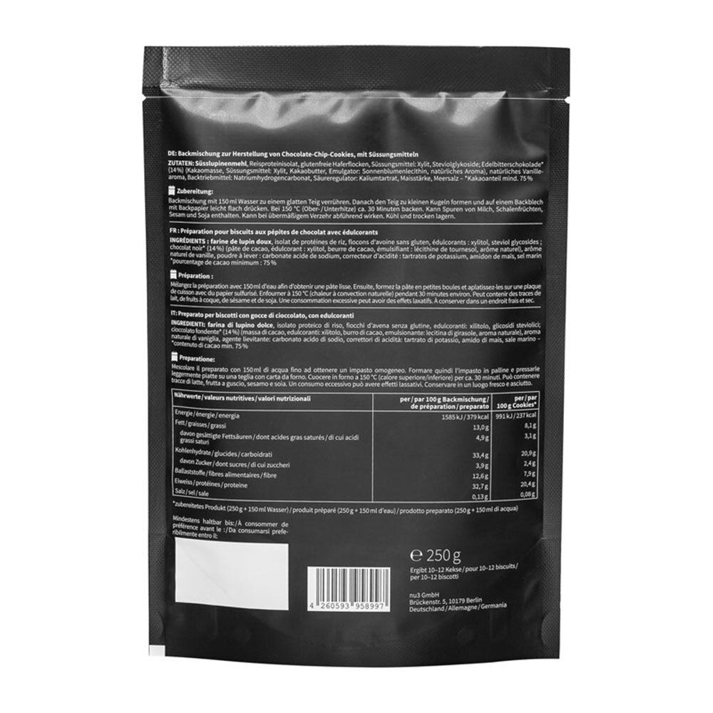 Rückseite der Verpackung mit Zutatenliste und Nährwertangaben. Text in Deutsch, Französisch und Italienisch. 250g Packung.