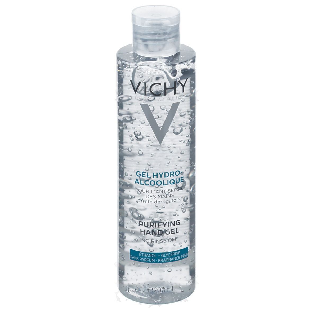 Transparente Flasche mit Handgel. Aufschrift: Vichy, Gel Hydro Alcoolique, Purifying Hand Gel. Mit Klappverschluss.