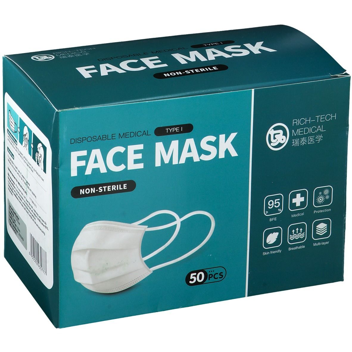 Verpackung mit Gesichtsmasken. Aufschrift: FACE MASK, NON-STERILE. Marke: RICH-TECH MEDICAL. 50 Stück. Typ I. Medizinprodukt.