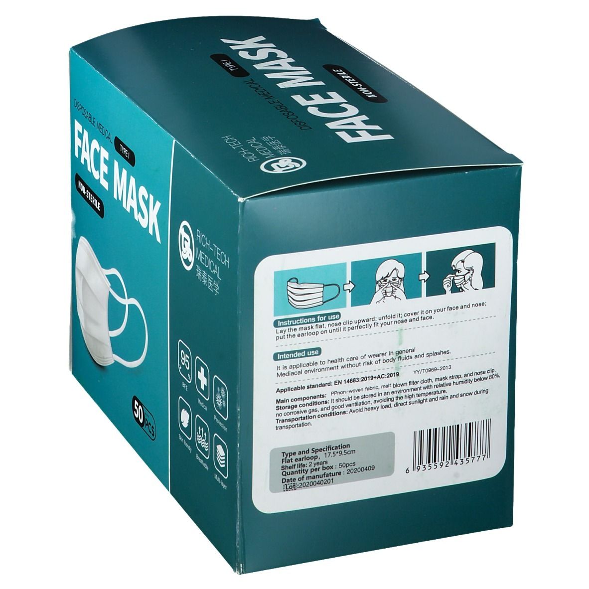 Verpackung mit Gesichtsmasken. Aufschrift: FACE MASK, NON-STERILE. Marke: RICH-TECH MEDICAL. 50 Stück. Medizinprodukt. Gebrauchsanweisung.