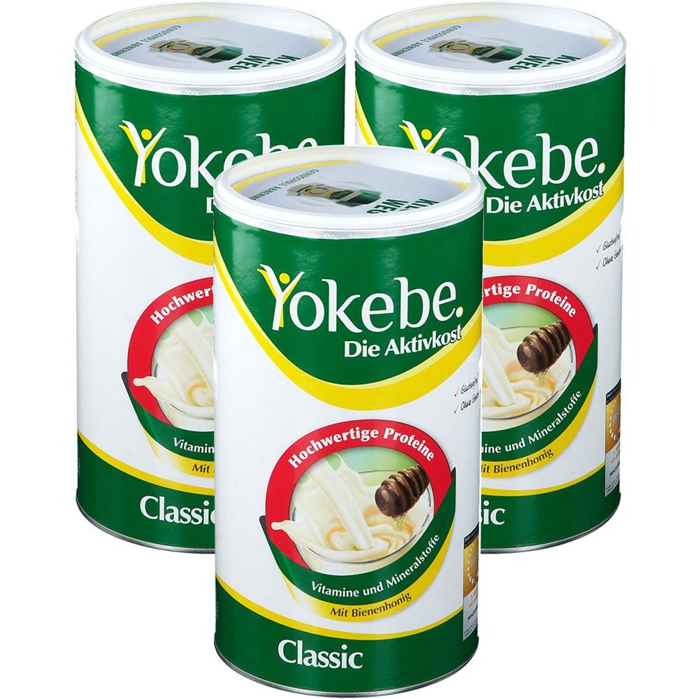 Drei Dosen Yokebe Classic. Grün-weißes Design mit Produktabbildung und Schriftzug. Aufschrift: Hochwertige Proteine, Vitamine und Mineralstoffe.