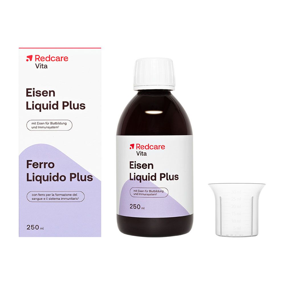 Redcare Vita Eisen Liquid Plus Flasche (250ml) mit Messbecher und Faltschachtel.