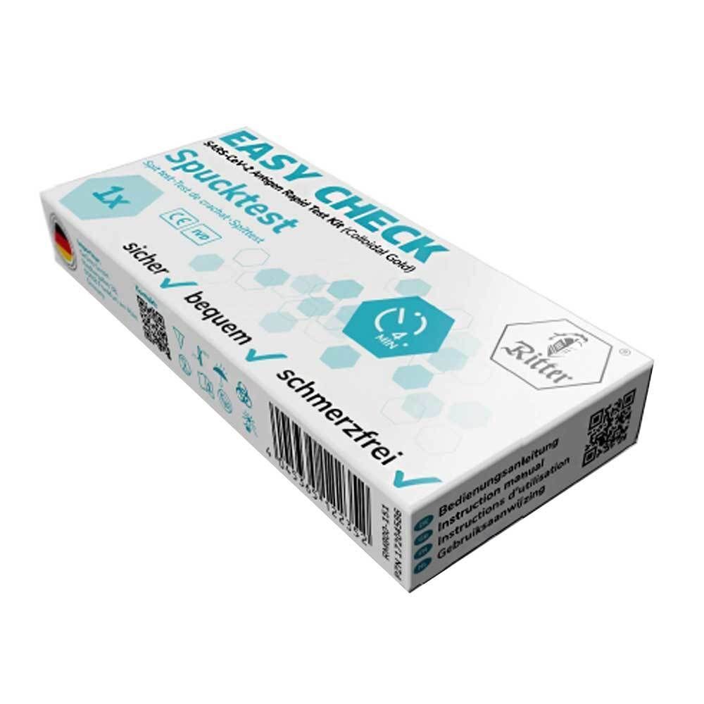 Verpackung des COVID-19 Antigen-Spucktests. Aufschrift: EASY CHECK, Spucktest, Ritter. Mit CE-Kennzeichnung und QR-Code.
