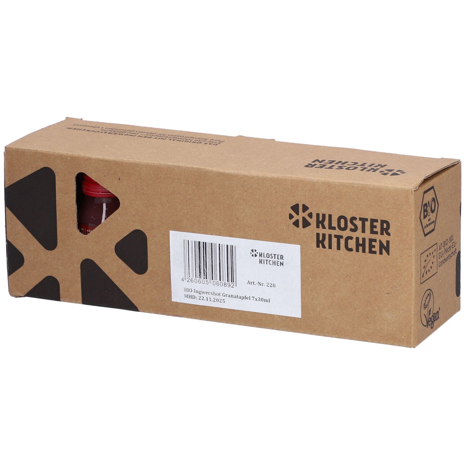 Karton mit Produkt. Aufschrift: Kloster Kitchen, BIO, Art. Nr. 220, 7x30ml. Barcode. Bio-Siegel.