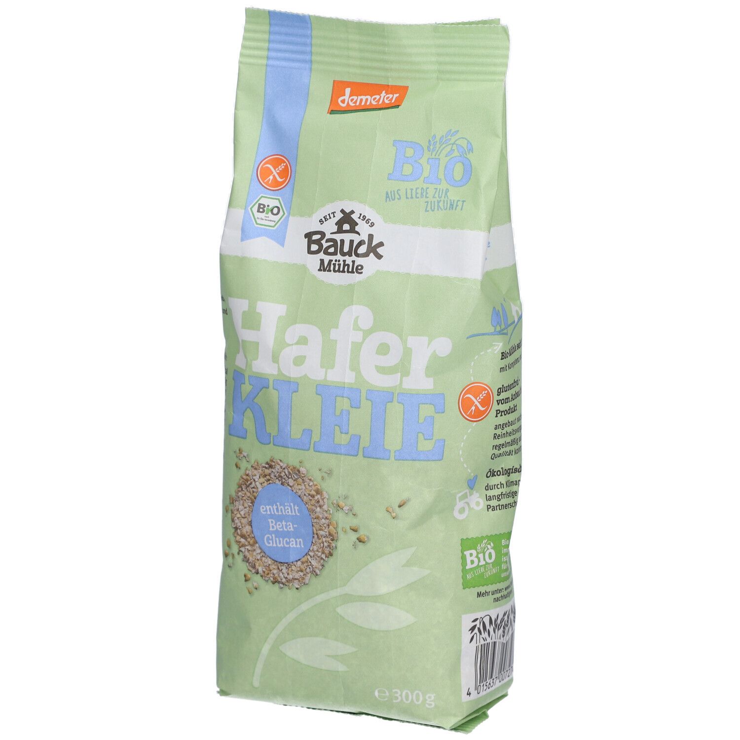 Grüne Verpackung "Bauckhof HaferKLEIE". Bio-Siegel. Glutenfrei-Symbol. 300g. Enthält Beta-Glucan.