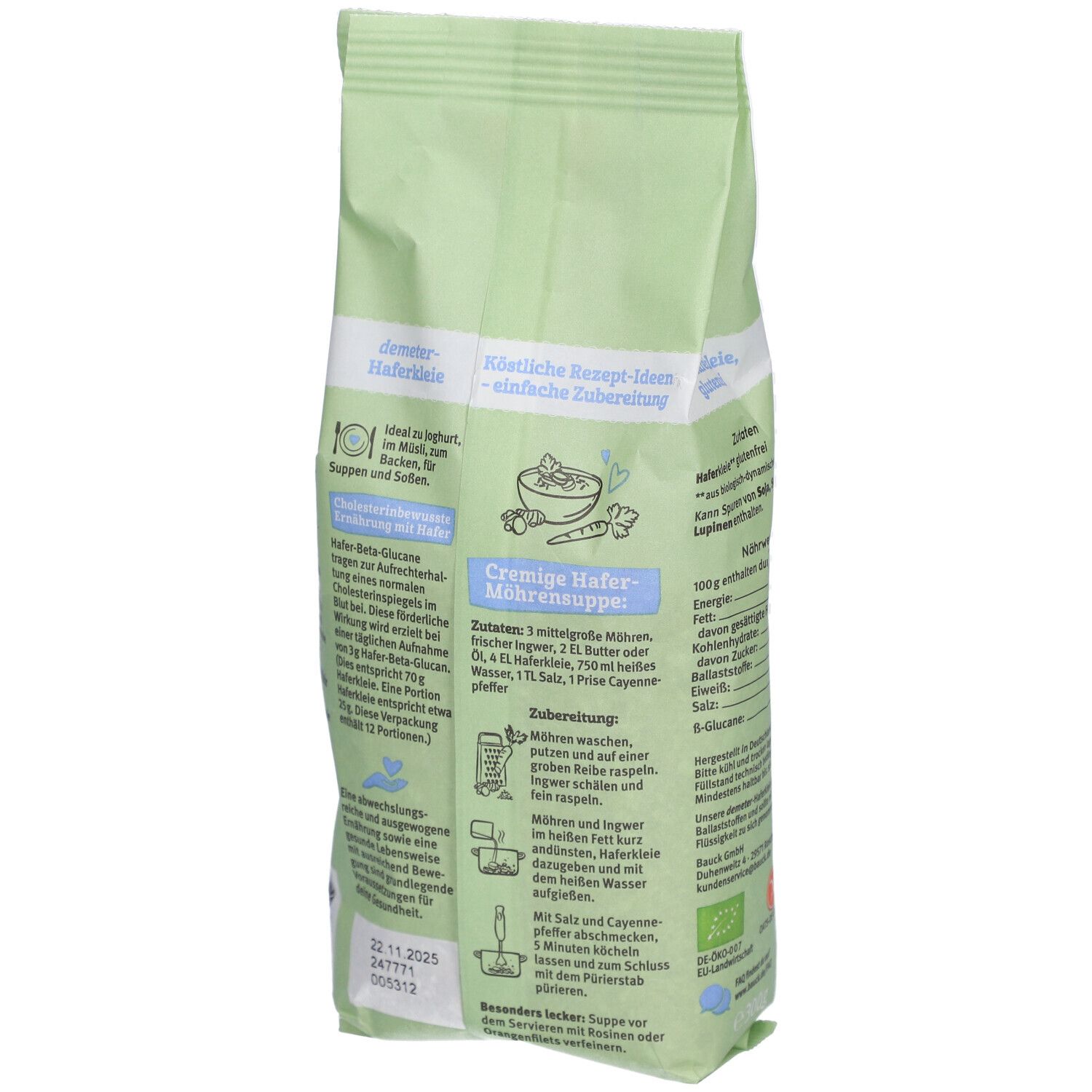 Grüne Verpackung "Bauckhof HaferKLEIE". Rückseite mit Rezept. Bio-Siegel. Mindesthaltbarkeitsdatum.
