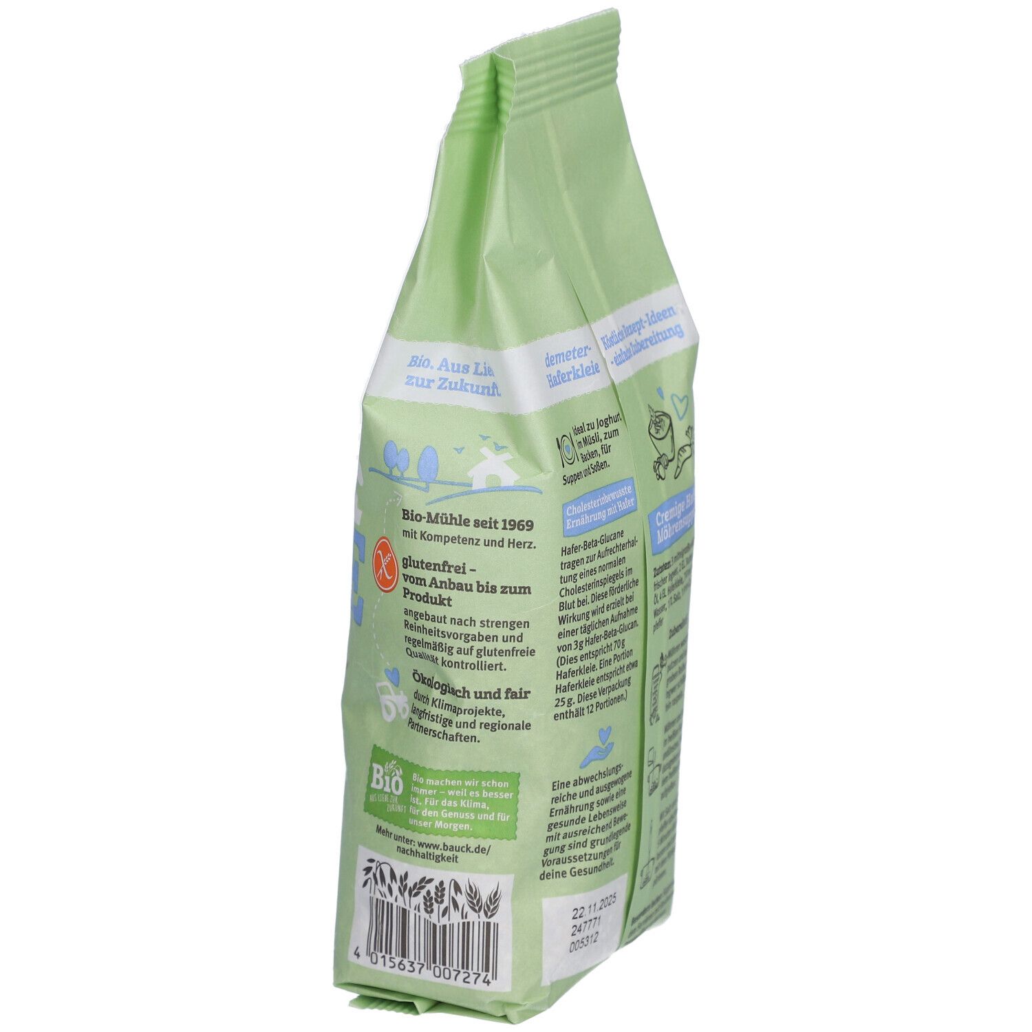 Grüne Verpackung "Bauckhof HaferKLEIE". Bio-Siegel. Glutenfrei-Symbol. Informationen zur Herstellung.