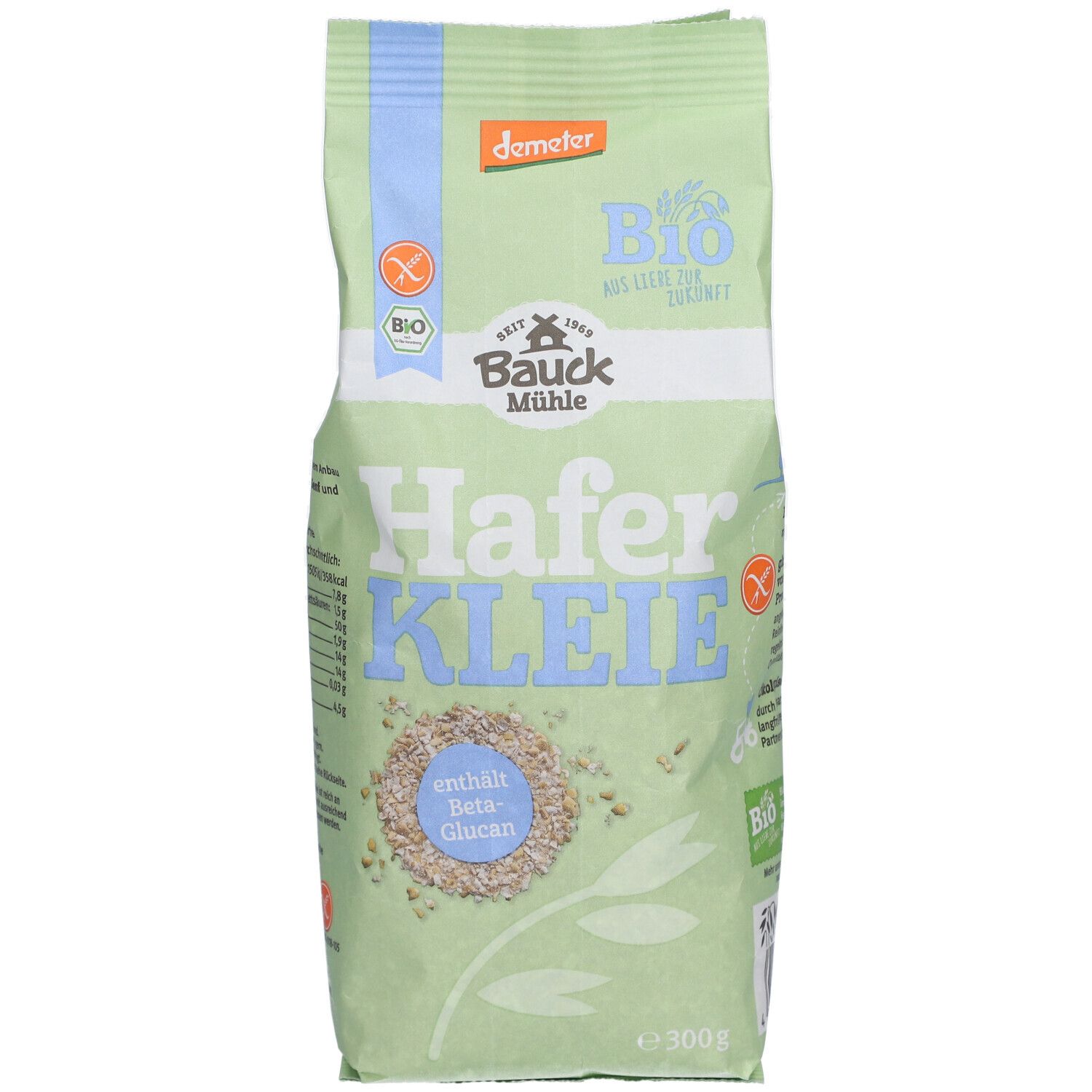 Grüne Verpackung "Bauckhof HaferKLEIE". Bio-Siegel. Glutenfrei-Symbol. 300g. Enthält Beta-Glucan.