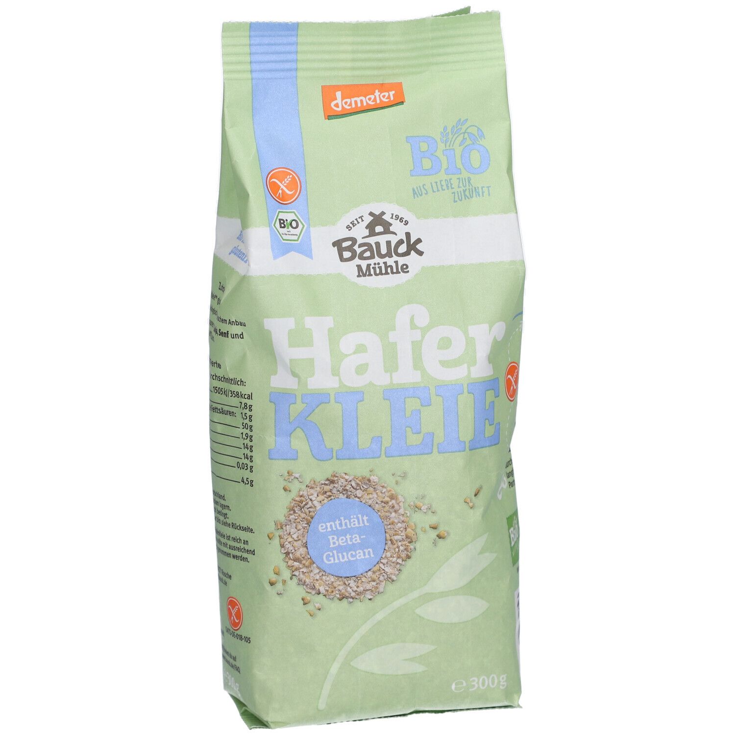 Grüne Verpackung "Bauckhof HaferKLEIE". Bio-Siegel. Glutenfrei-Symbol. Nährwertangaben. 300g.