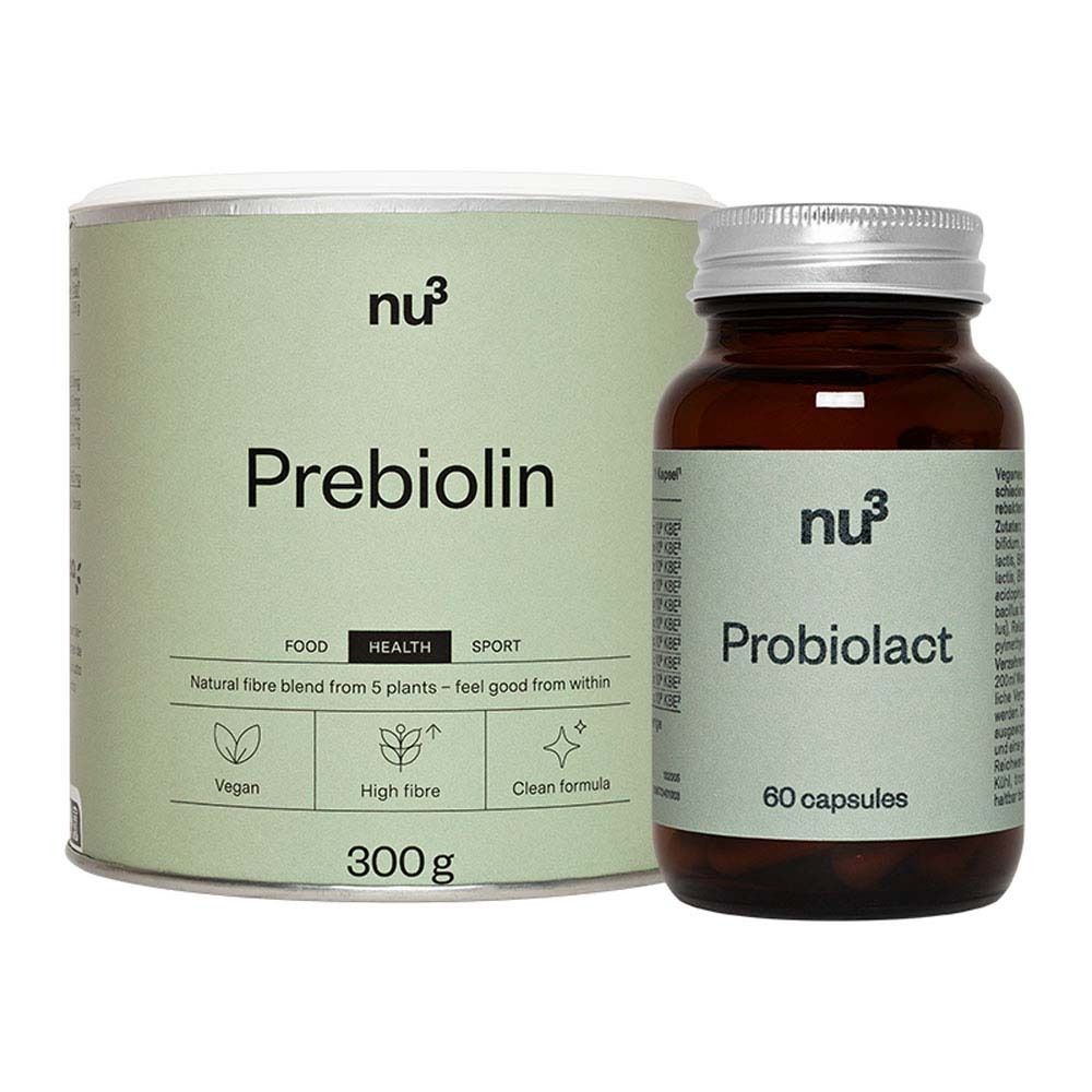 Zwei Behälter: Dose mit Prebiolin-Aufschrift, 300g, und braune Glasflasche mit Probiolact-Aufschrift, 60 Kapseln.