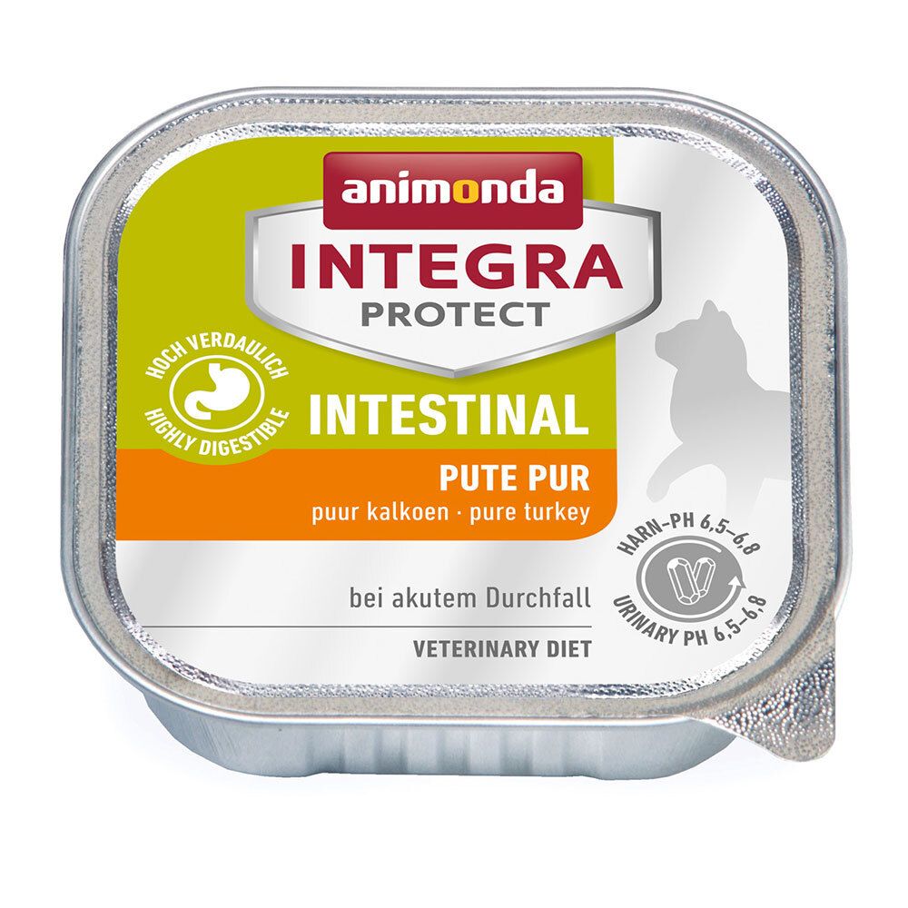 Quadratische Dose mit "animonda INTEGRA PROTECT INTESTINAL PUTE PUR". Grün-orangefarbenes Design, Text: "Hoch verdaulich", "Veterinärdiät".