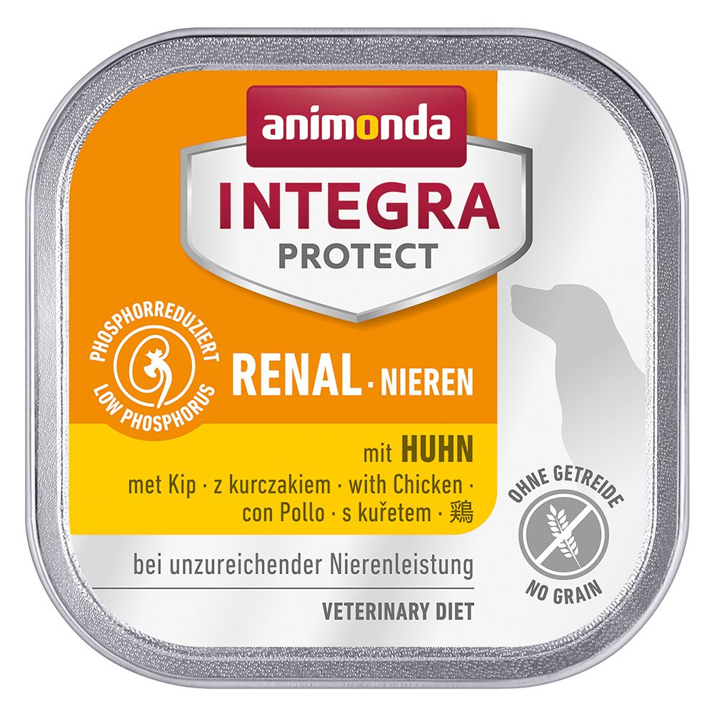 Quadratische Dose mit animonda Integra Protect. Aufschrift: Renal Nieren mit Huhn. Logo: Low Phosphorus, ohne Getreide. Veterinärdiät.