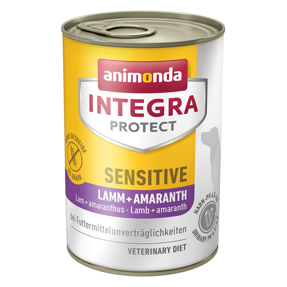 Runde Dose mit gelbem Etikett. Aufschrift: animonda INTEGRA PROTECT SENSITIVE Lamm + Amaranth. Veterinärdiät für Hunde.