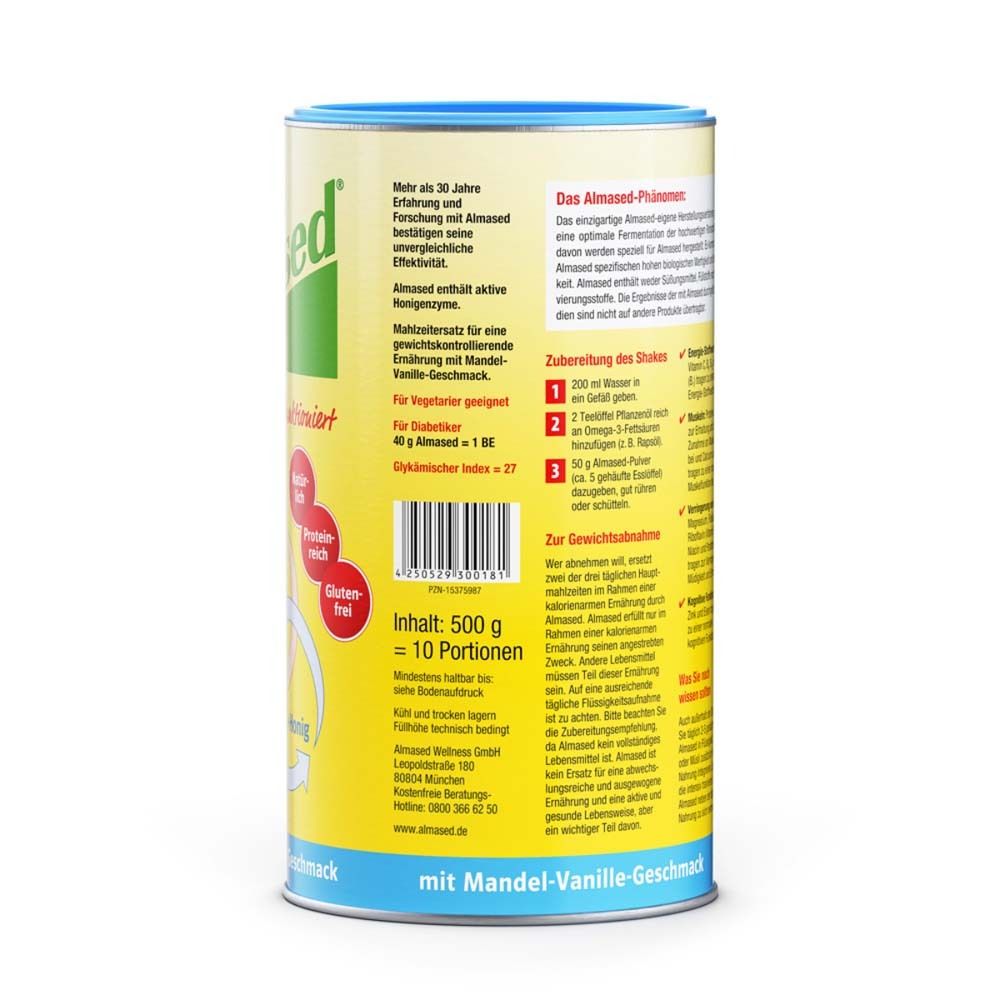 Rückseite einer Dose Almased Mandel-Vanille-Geschmack. Gelber Hintergrund, blaue Kappe. Text: Zubereitung, Inhaltsstoffe, Nährwertangaben, 500g, 10 Portionen.