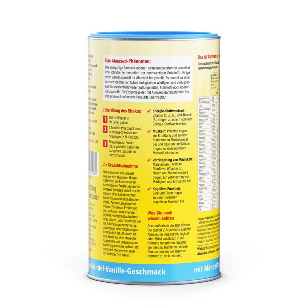 Rückseite einer Dose Almased Mandel-Vanille-Geschmack. Gelber Hintergrund, blaue Kappe. Text: Almased-Phänomen, Zubereitung des Shakes, Energie-Stoffwechsel.