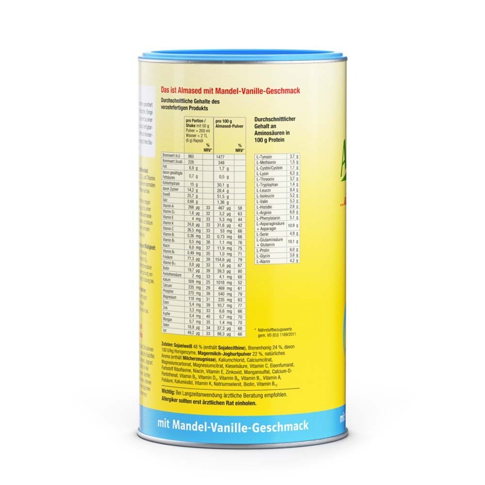 Rückseite einer Dose Almased Mandel-Vanille-Geschmack. Gelber Hintergrund, blaue Kappe. Text: Nährwerttabelle, Aminosäuren, Vitamine, Mineralstoffe, Proteingehalt.