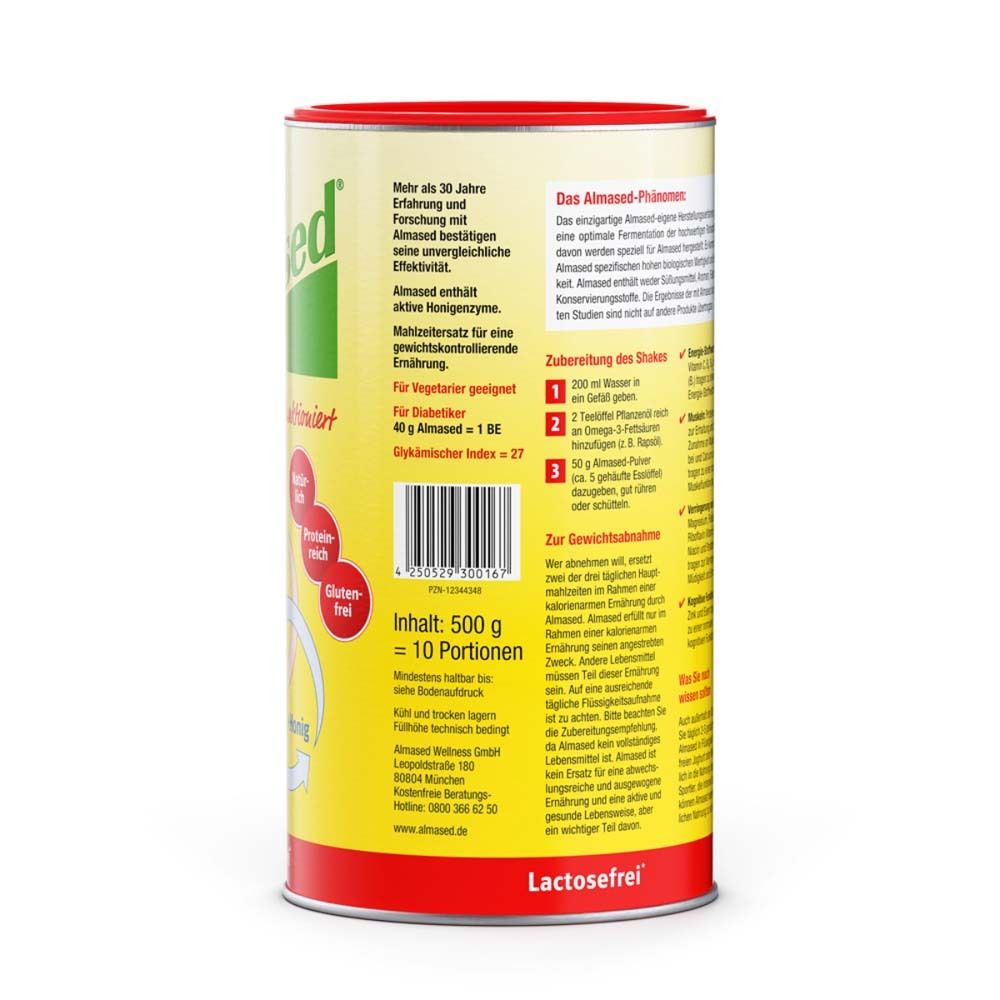 Rückseite einer Dose Almased Vital-Pflanzen-Eiweißkost. Gelber Hintergrund, roter Deckel. Textinformationen, Zutaten, Nährwertangaben, und Zubereitung.