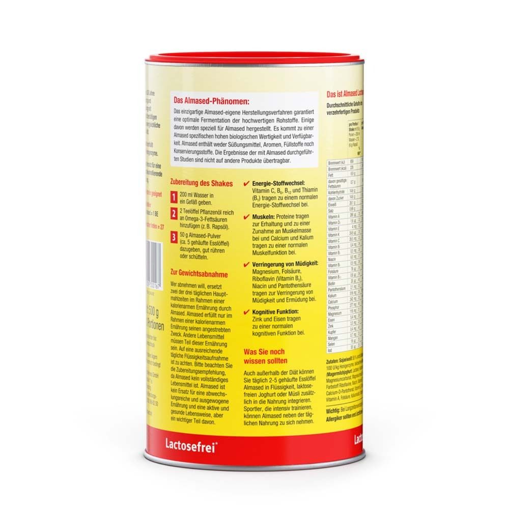 Rückseite einer Dose Almased Vital-Pflanzen-Eiweißkost. Gelber Hintergrund, roter Deckel. Text über das Produkt und Nährwertangaben.