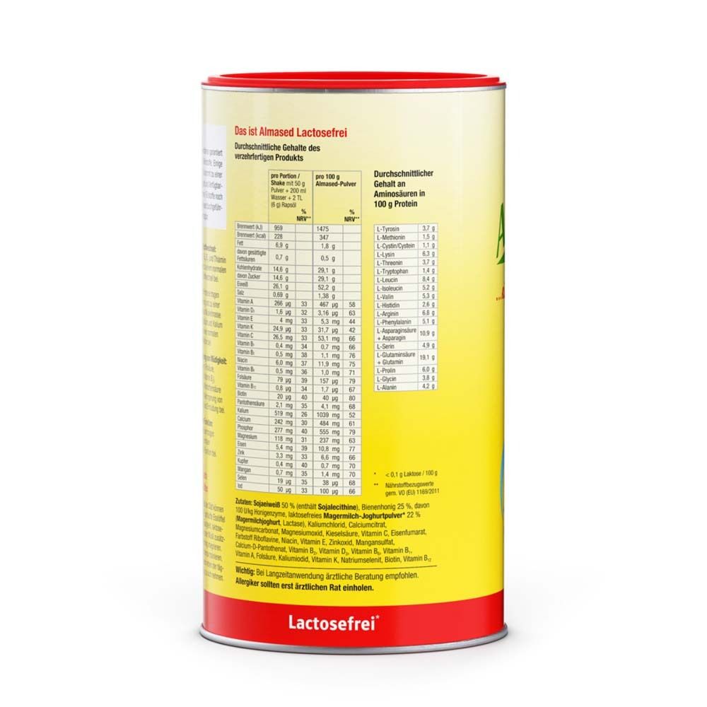 Rückseite einer Dose Almased Vital-Pflanzen-Eiweißkost. Gelber Hintergrund, roter Deckel. Nährwerttabelle und Aminosäuren.