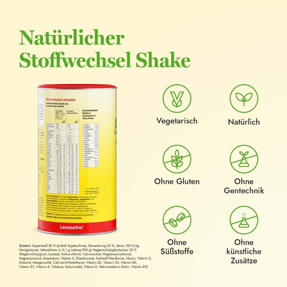 Dose Almased Vital-Pflanzen-Eiweißkost. Text: Vegetarisch, Natürlich, Ohne Gluten, Ohne Gentechnik, Ohne Süßstoffe, Ohne künstliche Zusätze.