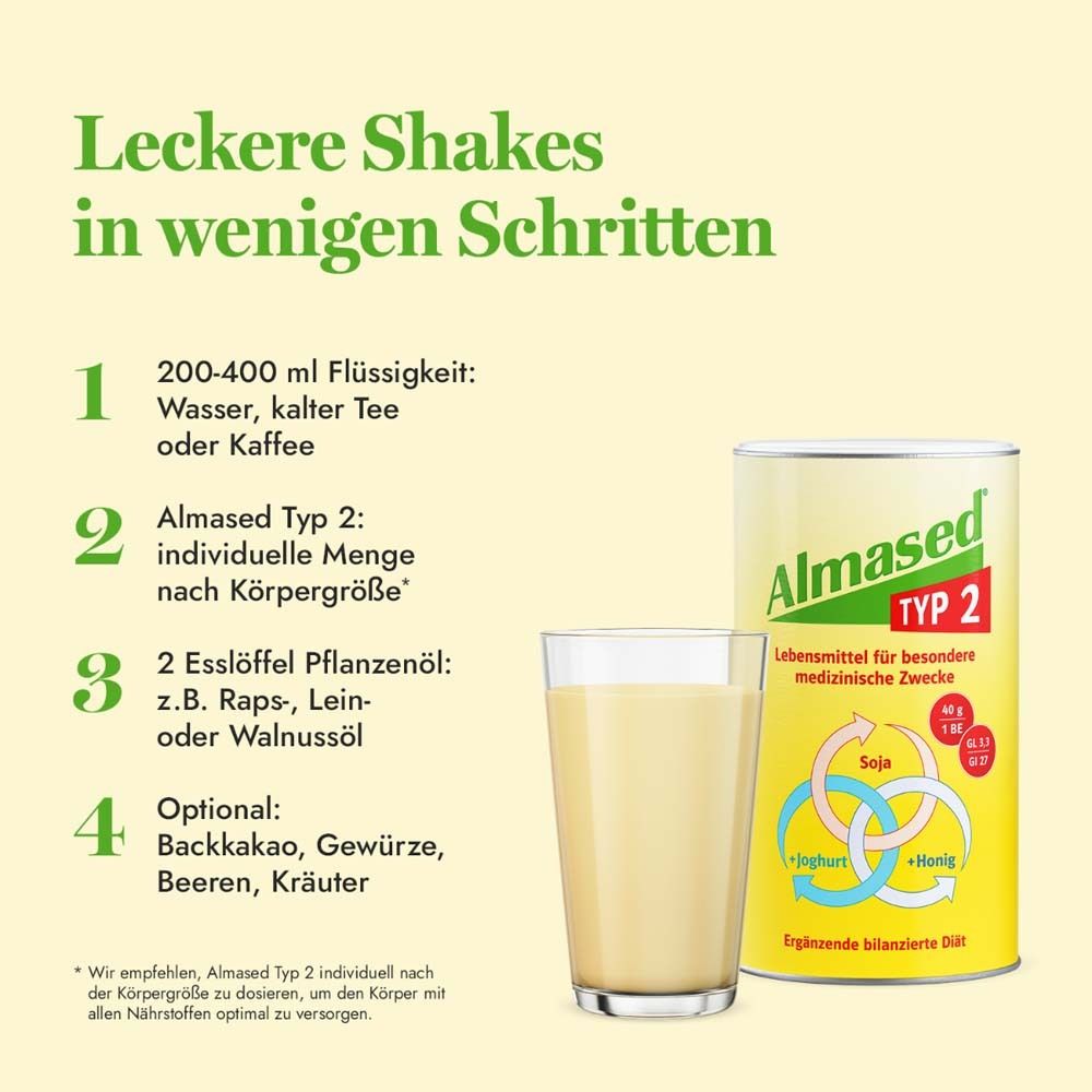Ein Glas Shake neben einer Dose Almased® TYP 2. Text: Leckere Shakes in wenigen Schritten. Zutaten und Zubereitung.