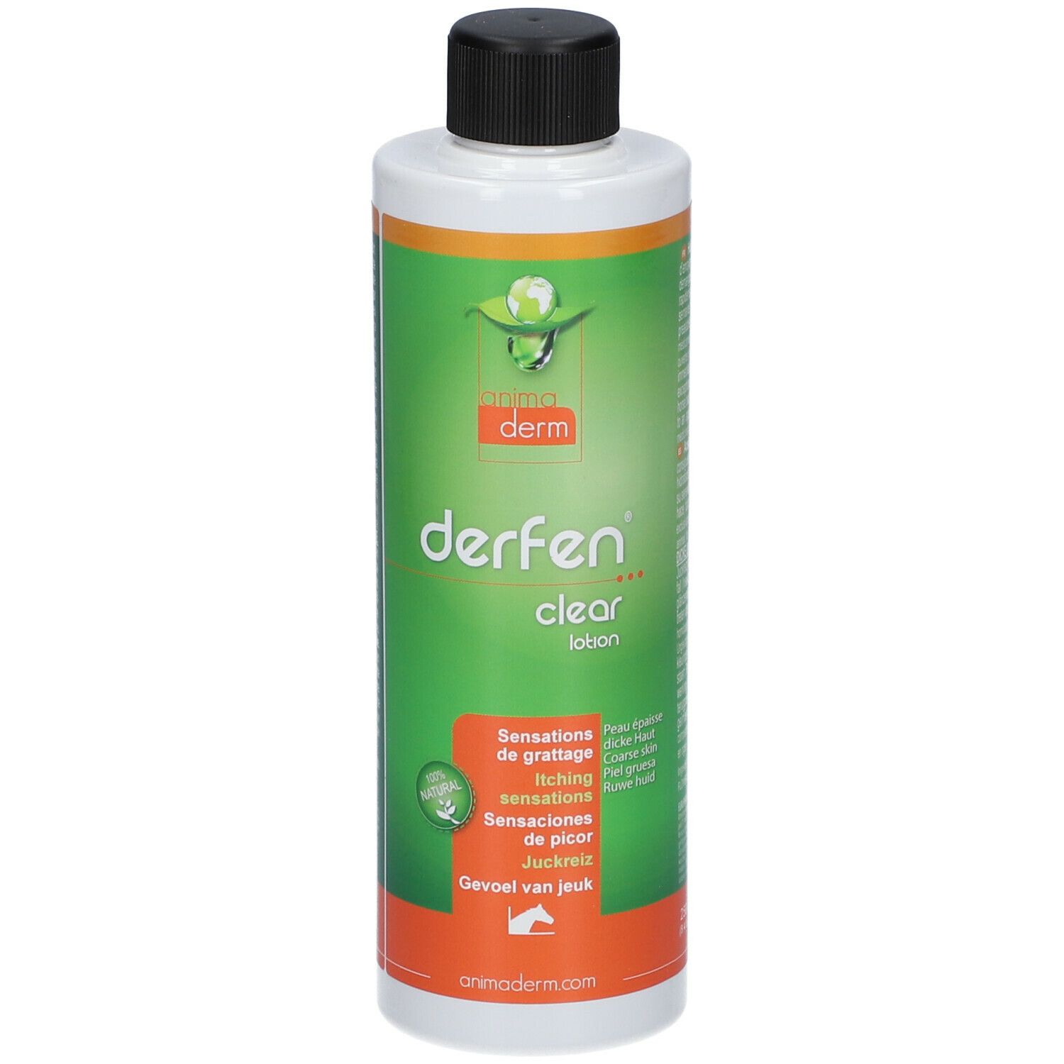 Animaderm Derfen Clear Lotion. Weiße Flasche mit schwarzem Deckel. Grünes Etikett mit Produktnamen und Logo.