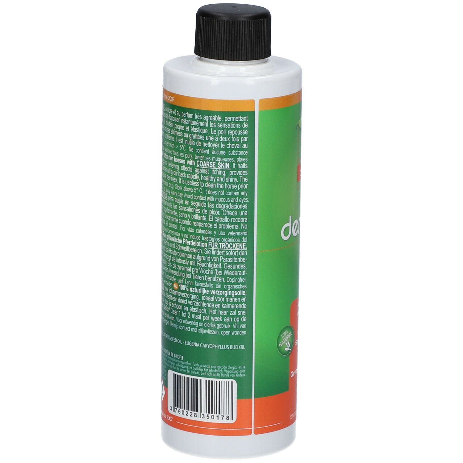 Rückseite der Animaderm Derfen Clear Lotion Flasche. Text in mehreren Sprachen. Barcode unten.