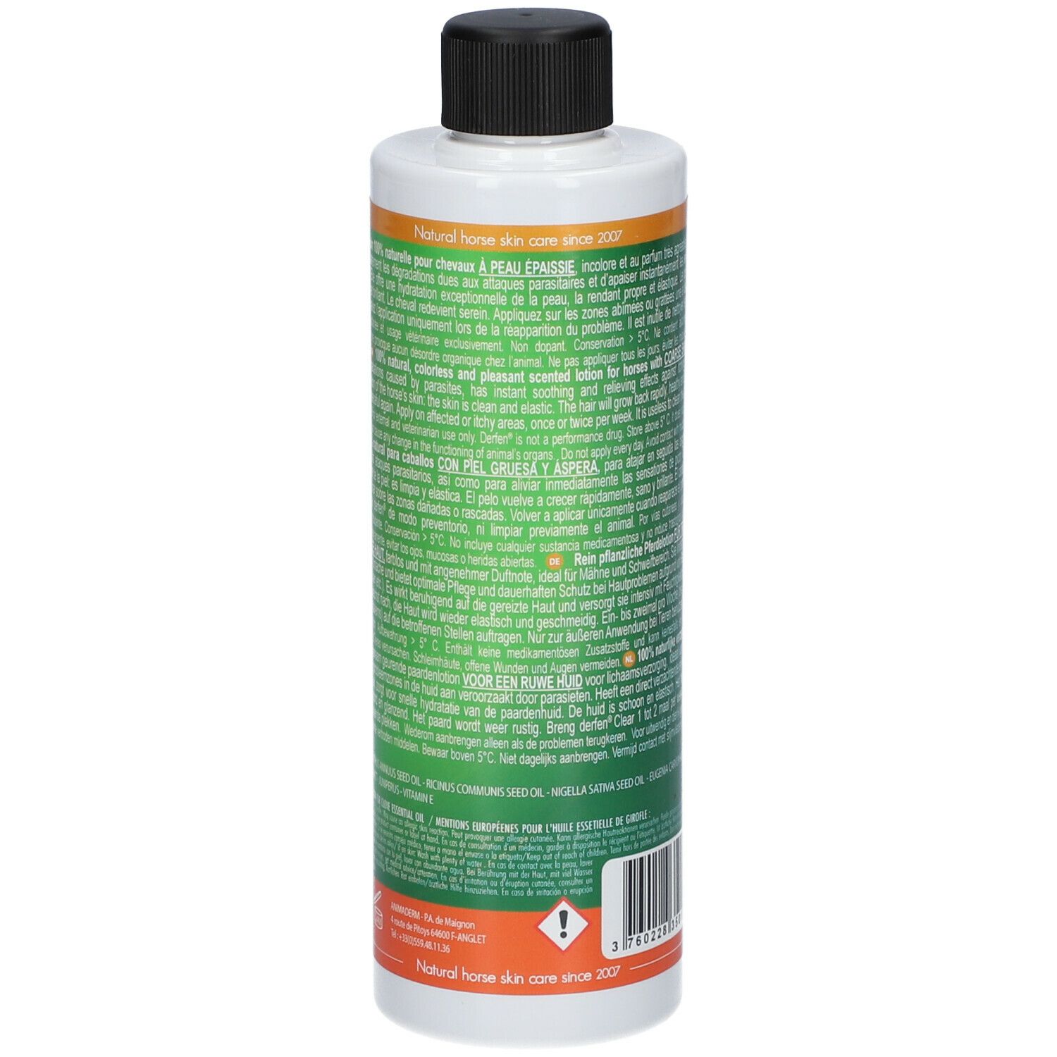 Rückseite der Animaderm Derfen Clear Lotion Flasche. Text in mehreren Sprachen. Warnhinweis unten.