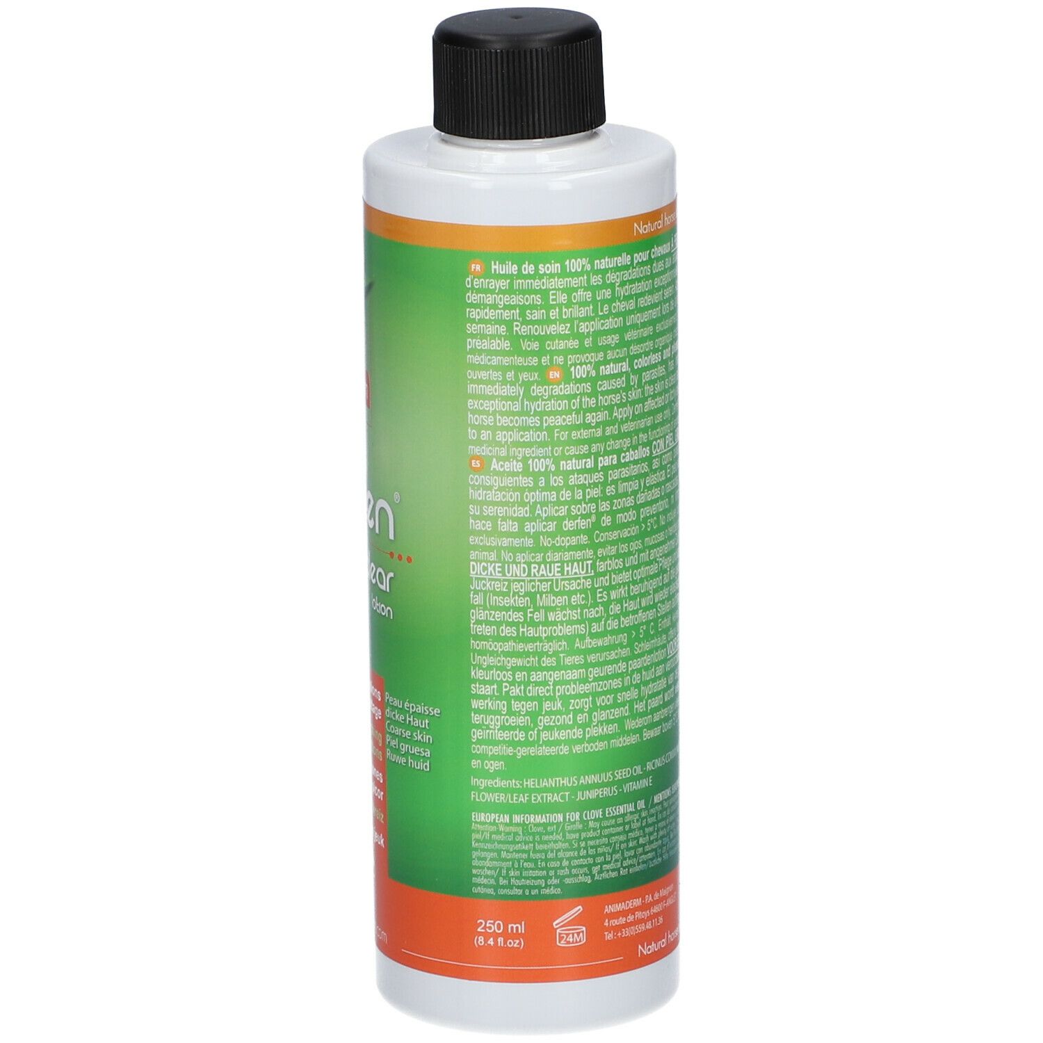 Animaderm Derfen Clear Lotion Flasche. Text in mehreren Sprachen. 250 ml. Schwarzer Deckel.