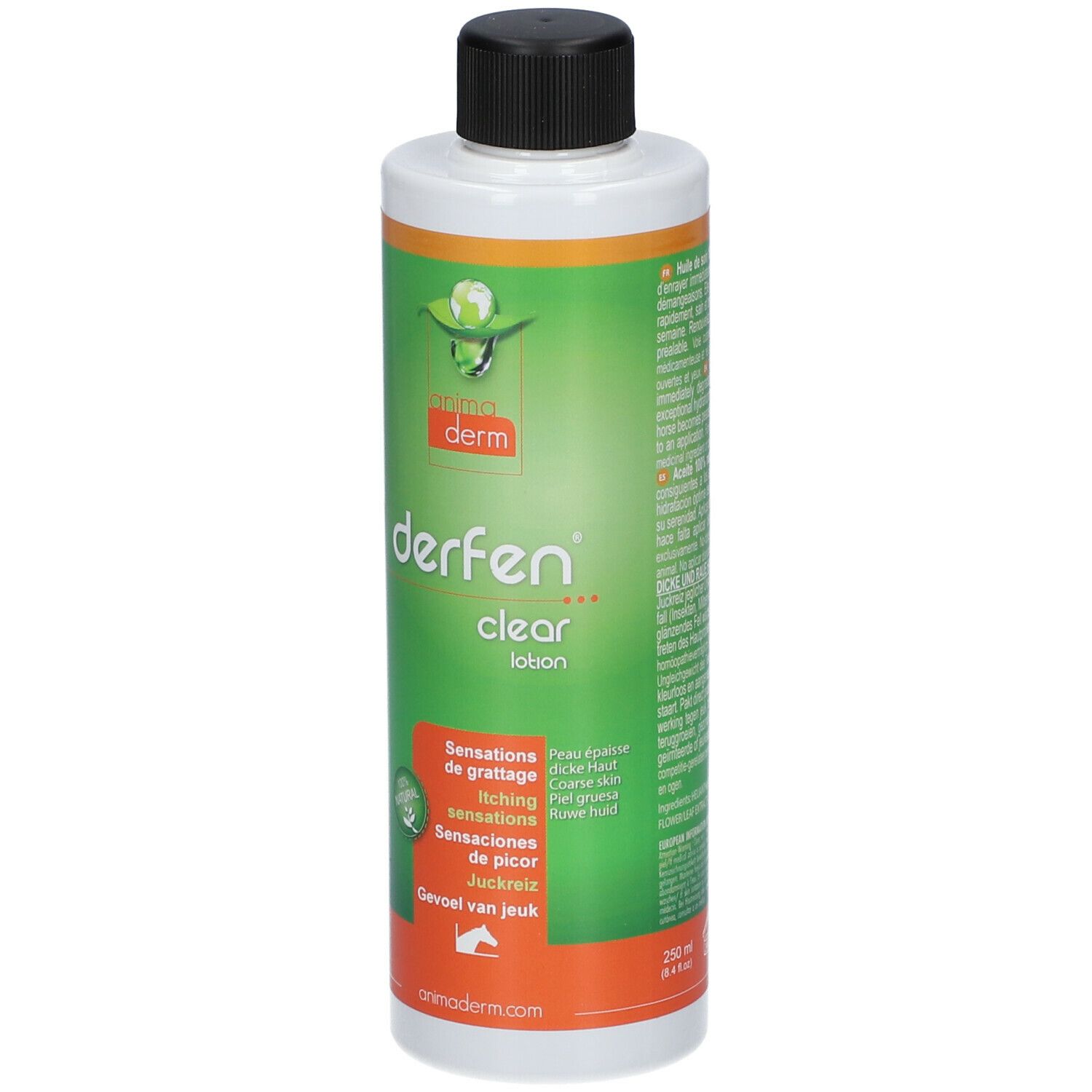 Animaderm Derfen Clear Lotion. Weiße Flasche mit schwarzem Deckel. Grünes Etikett mit Produktnamen und Logo.
