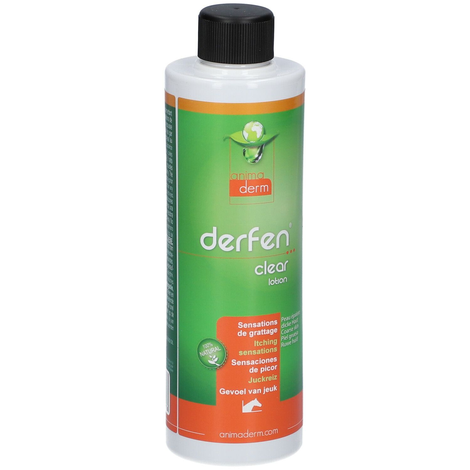Animaderm Derfen Clear Lotion. Weiße Flasche mit schwarzem Deckel. Grünes Etikett mit Produktnamen und Logo.