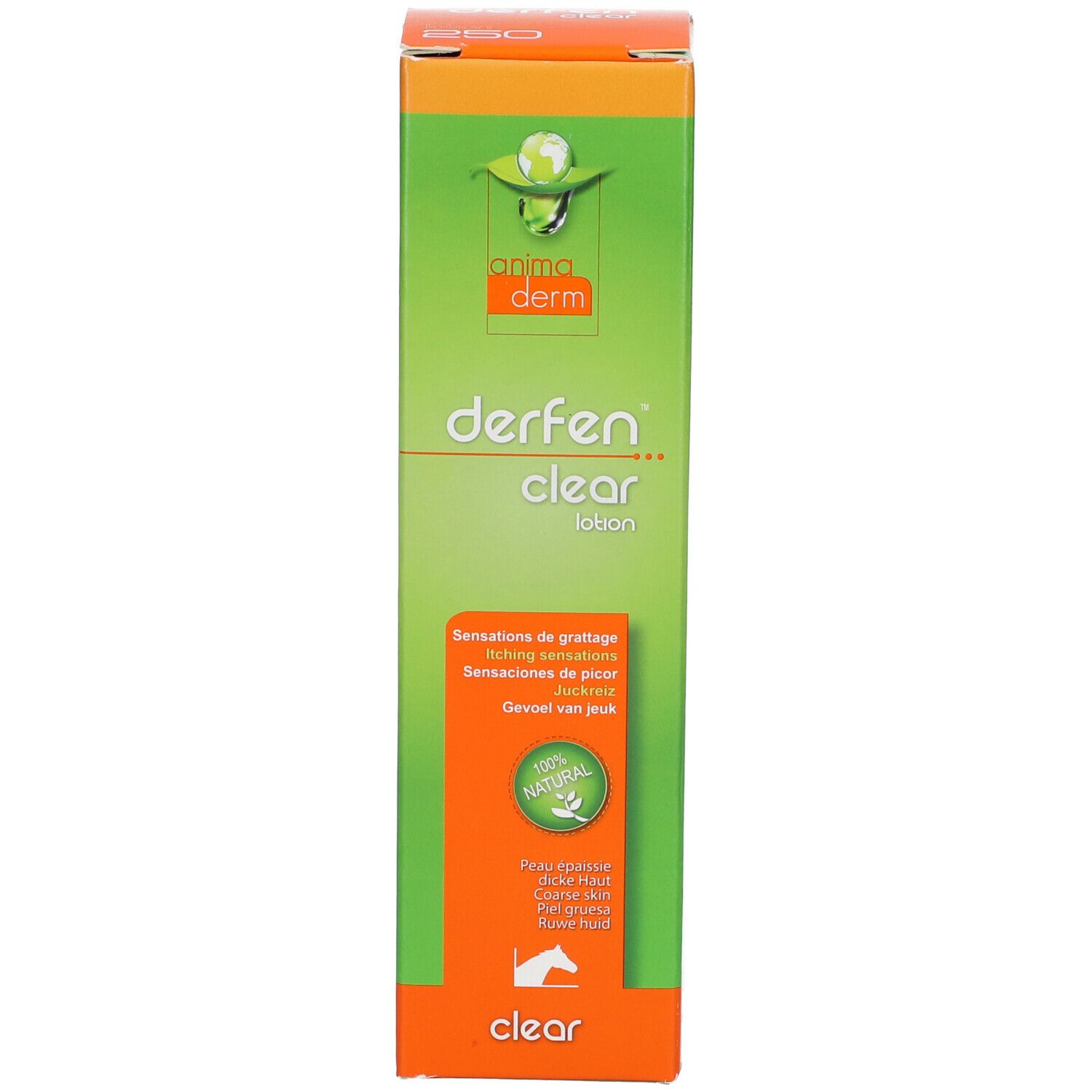 Animaderm Derfen Clear Lotion Verpackung. Grüne Schachtel mit Produktnamen und Logo. 100% natürlich.