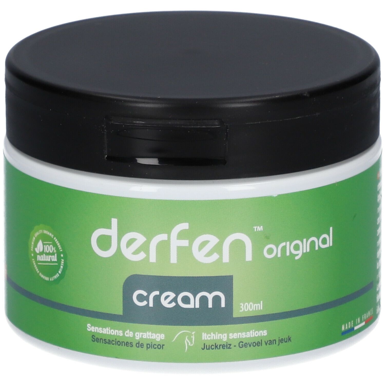 Creme-Dose mit schwarzem Deckel und grünem Etikett. Aufschrift: derfen original cream. 100% natürlich.