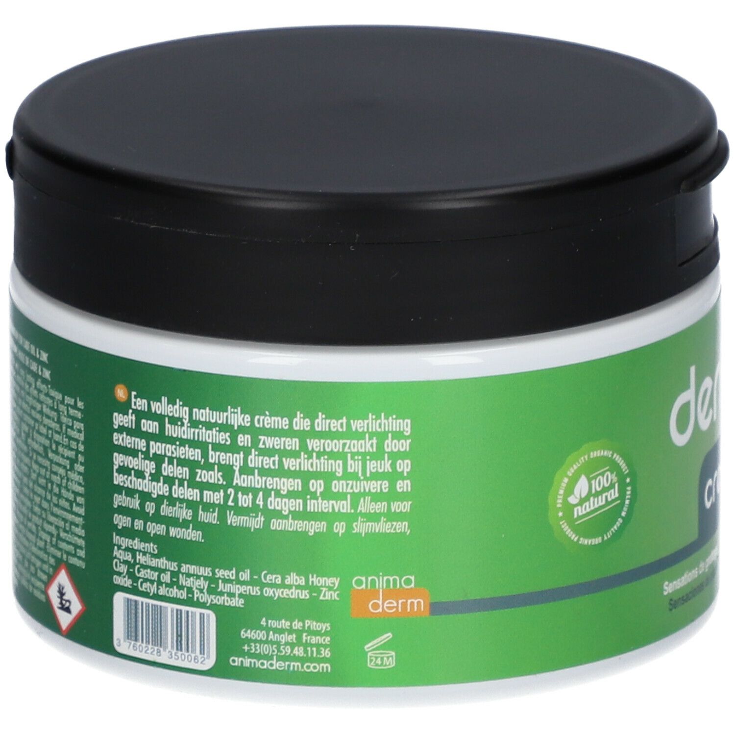 Rückseite der Creme-Dose mit Text. Enthält Inhaltsstoffe und Adresse. Aufschrift: animaderm. 100% natürlich.