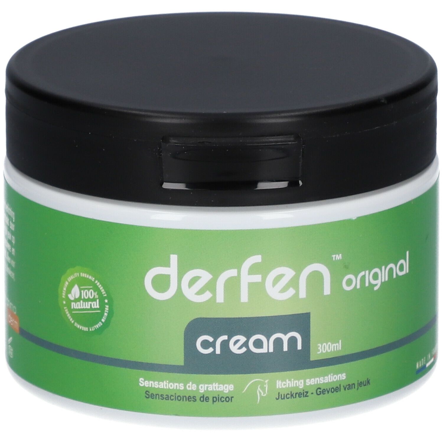 Creme-Dose mit schwarzem Deckel und grünem Etikett. Aufschrift: derfen original cream. 300ml.