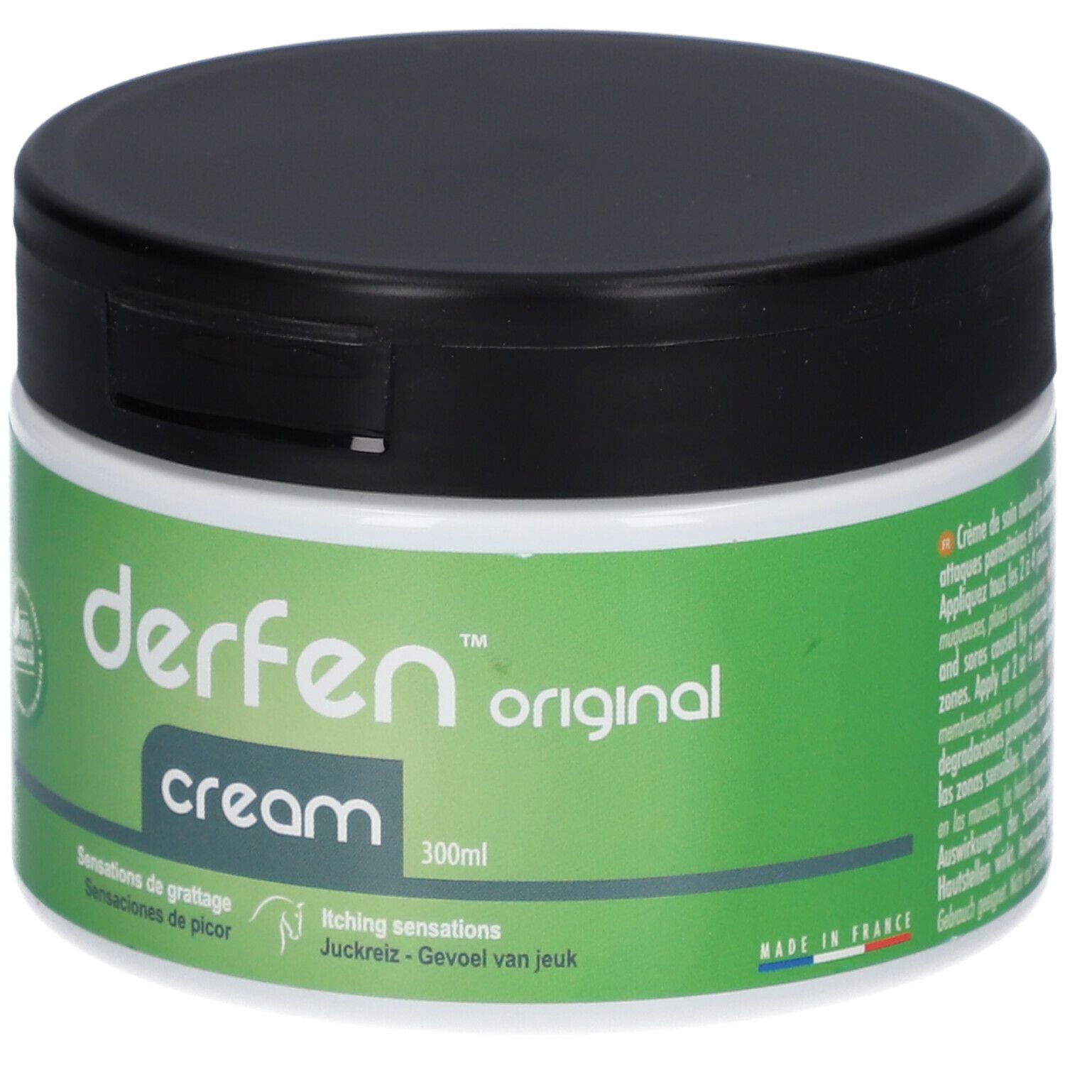 Creme-Dose mit schwarzem Deckel und grünem Etikett. Aufschrift: derfen original cream. 300ml. Hergestellt in Frankreich.